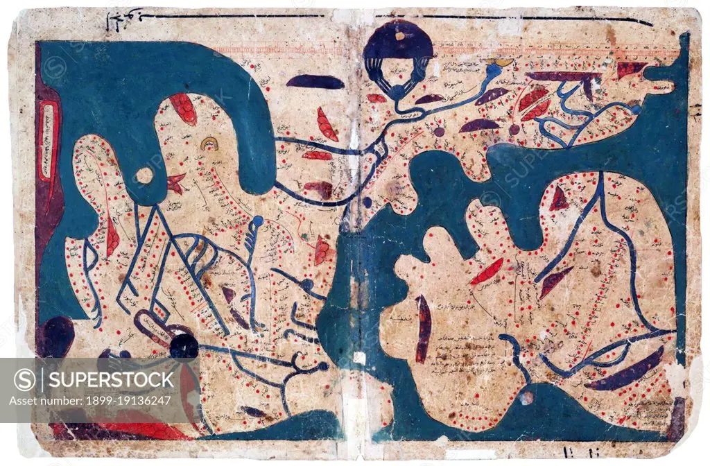 Egypt: Map of the world (south to the top), said to be the oldest rectangular map of the world, Kitab Ghara'ib al-funun wa-mulah al-'uyun ('The Book of Curiosities of the Sciences and Marvels for the Eyes'), 12th-13th Centuries