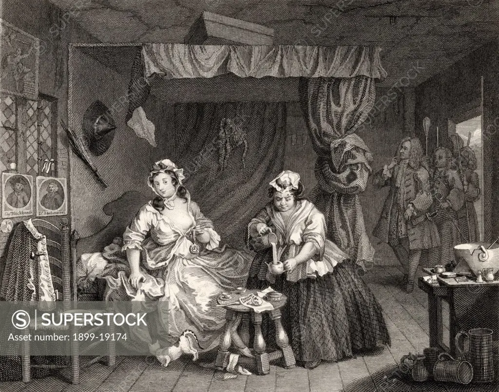 The Harlots Progress Apprehended by a magistrate From the original picture by Hogarth from The Works of Hogarth published London 1833 