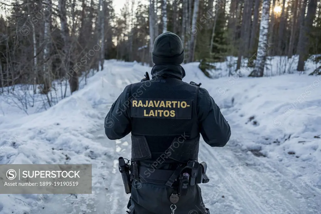 Border patrol guards at the small village of Nuijamaa, around 3 hours drive from Helsinki, another land border crossing between Finland and Russia, where the two countries are seperated by water, by a canal.