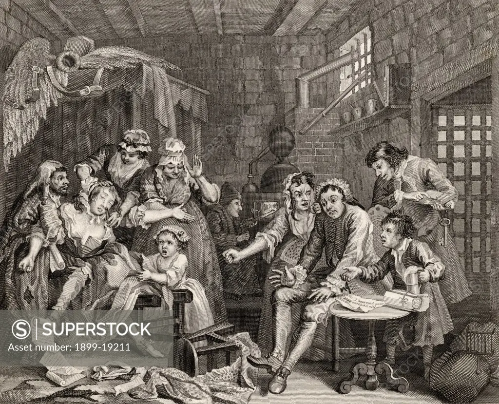 The Rakes Progress Prison scene From the original picture by Hogarth from The Works of Hogarth published London 1833 