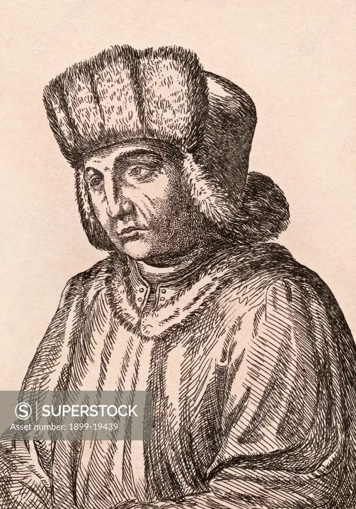 Jan van Eyck aka Johannes de Eyck 1390-1441 Flemish painter From 75 Portraits Of Celebrated Painters From Authentic Originals etched by James Girtin Published London 1817 