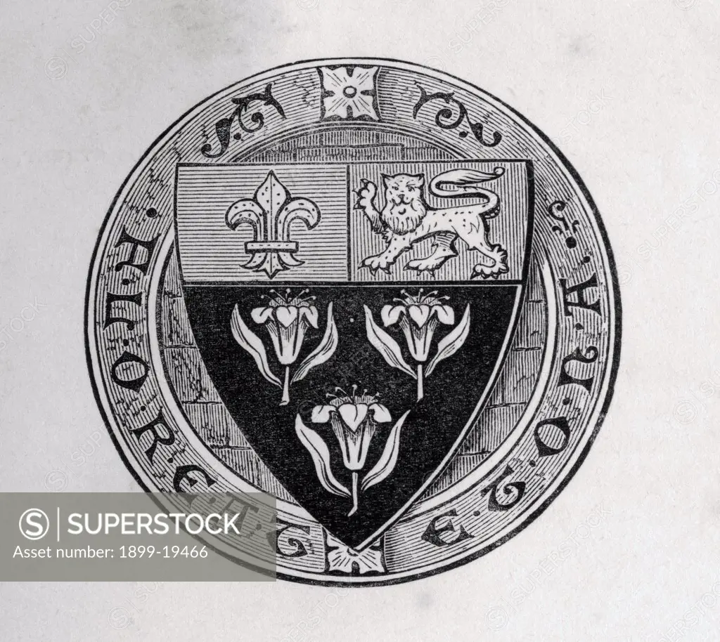 Eton shield laid over roundel with school motto Floreat Etona or May Eton Flourish From Memoirs of Eminent Etonians by Sir Edward Creasy published London 1876