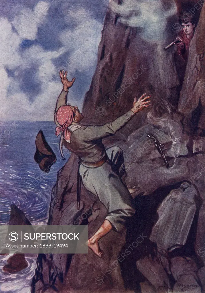 Staggering backward from the ledge fell with an awful thud upon the beach below Illustration by H M Brock from the children's adventure book The Cragsmen A Story of Smuggling Days by W Bourne Cooke published c. 1913