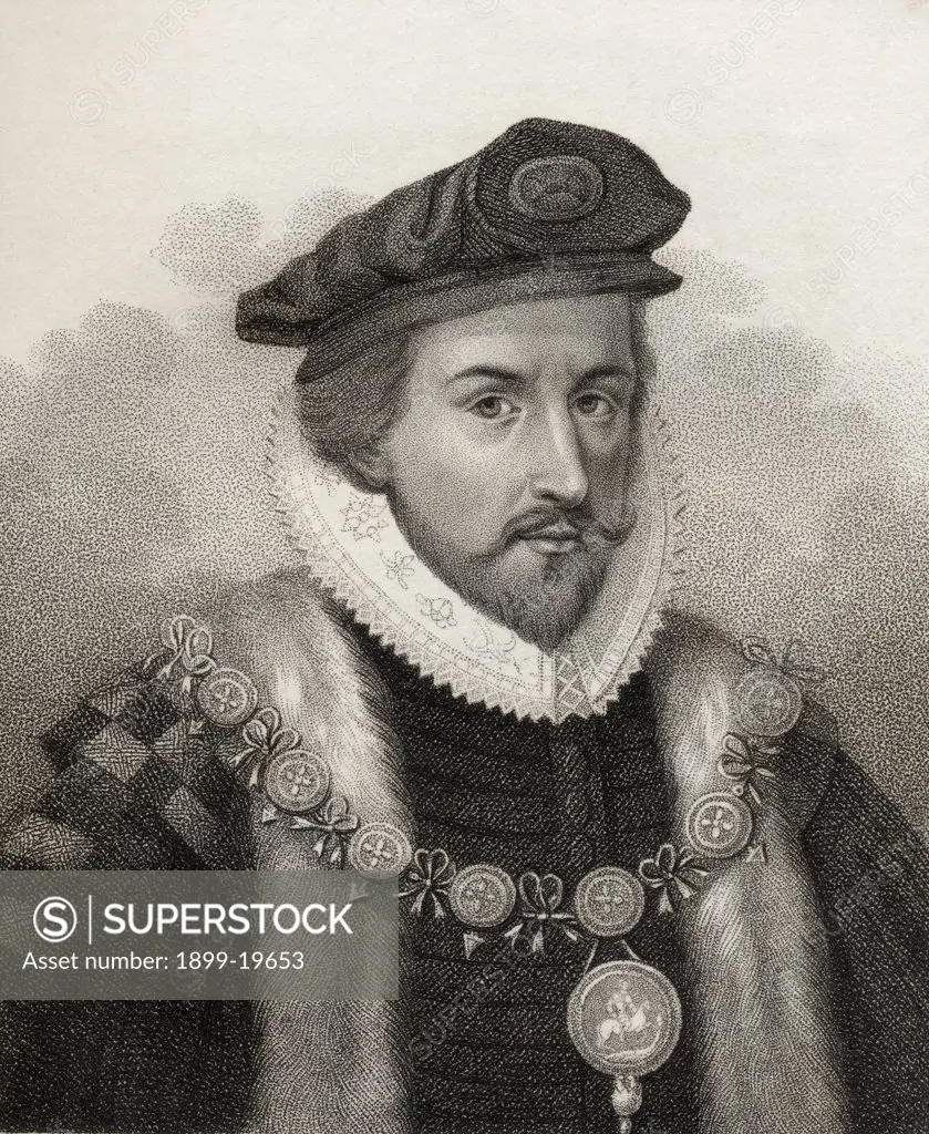 Sir Christopher Hatton 1540-1591 Lord chancellor of England from 1587-1591 Engraved by Bocquet from the book A catalogue of Royal and Noble Authors Volume II published 1806