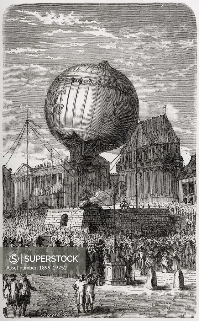 Balloon ascent outside the Palace of Versailles Paris 19th September 1783 From the book Wondeful Balloon Ascents or The Conquest of the Skies published c 1870