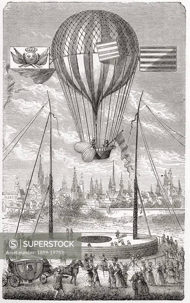 First flight with a dirigible balloon from Dijon 12 June 1784 by Louis Bernard Guyton de Morveau From the book Wondeful Balloon Ascents or The Conquest of the Skies published c 1870