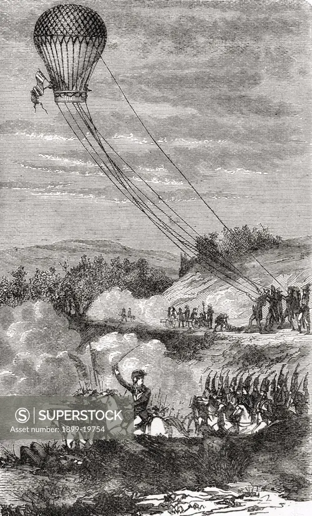 Employment of the hot air balloon l'Entreprenant as a reconnaissance post at the Battle of Fleurus June 26 1794 From the book Wondeful Balloon Ascents or The Conquest of the Skies published c 1870