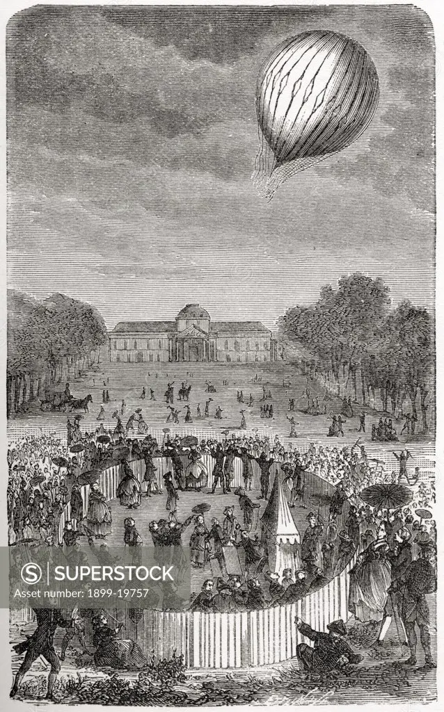 Ascent of Charles balloon over the Champ de Mars Paris France August 27 1783 Jacques Alexandre Cesar Charles 1746 - 1823 French chemist physicist and aeronaut From the book Wondeful Balloon Ascents or The Conquest of the Skies published c 1870