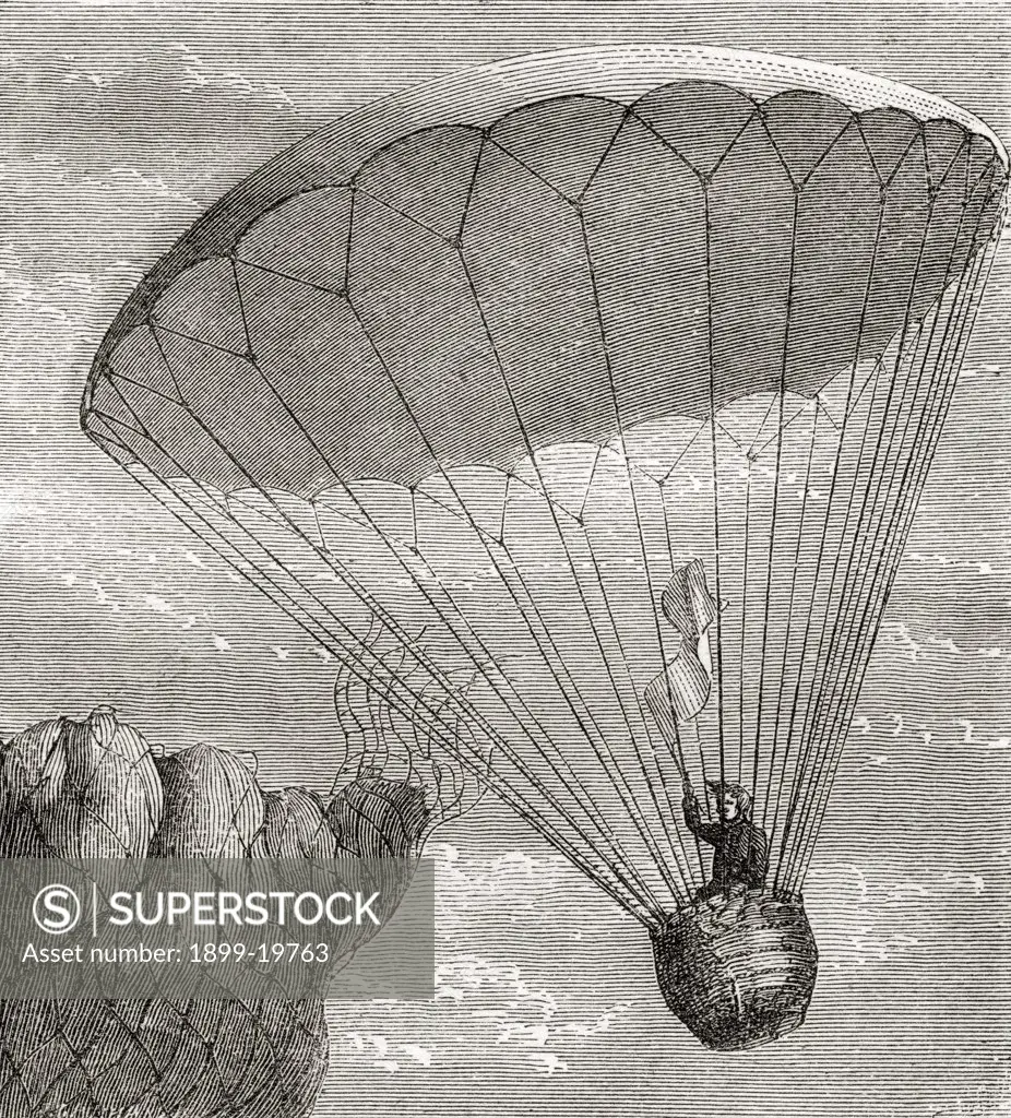 Garnerin's Descent in a Parachute 1802 Andre Jacques Garnerin 1769 - 1823 French inventor of the frameless parachute From the book Wondeful Balloon Ascents or The Conquest of the Skies published c 1870