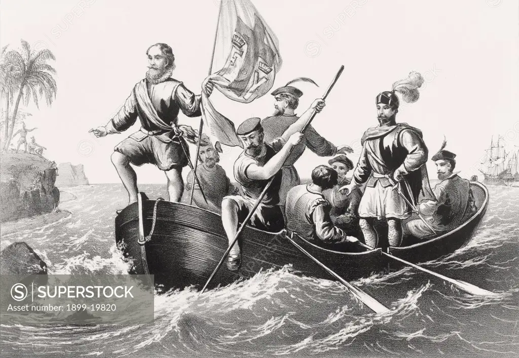 Christopher Columbus setting foot in San Salvador October 12 1492 From an engraving printed in 1876