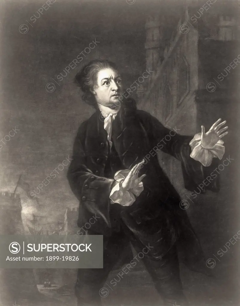David Garrick 1717 to 1779 English actor, playwright, theatre manager, producer. Engraved by James MacArdell after Benjamin Wilson