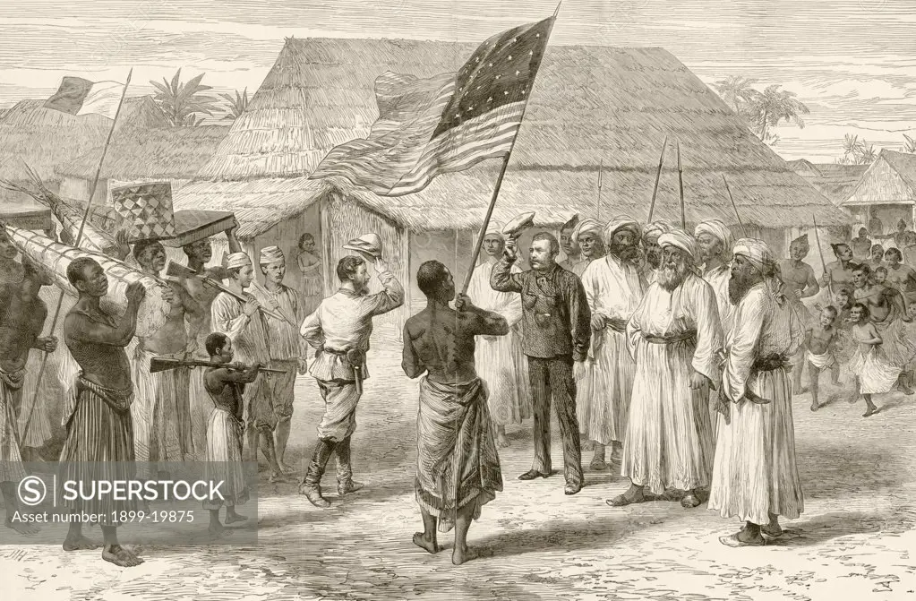 Stanley meets with Livingstone at Ujiji on the shores of Lake Tanganyika November 19, 1871. After an illustration in the Illustrated London News, August 10, 1872.