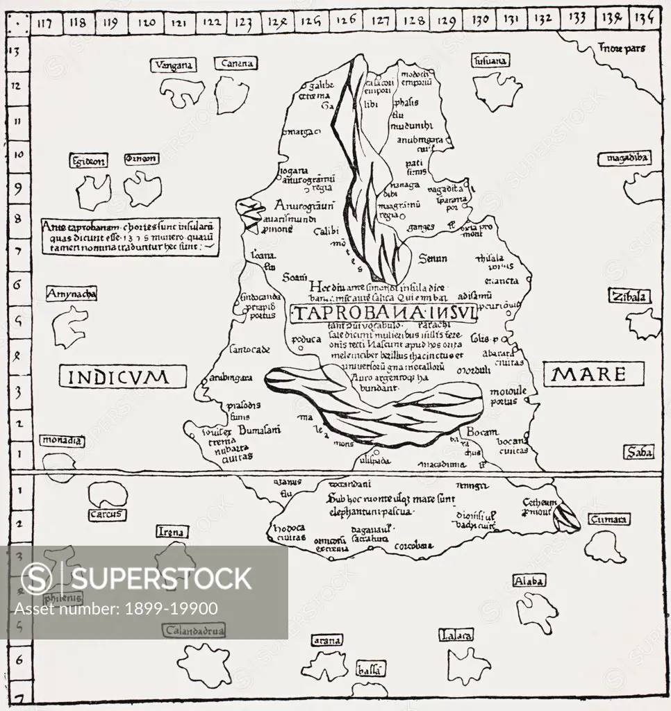 Map of Taprobana island. Reduced facsimile of a map in Ptolemy's Geography, in the Latin Edition of 1492. From Science and Literature in The Middle Ages by Paul Lacroix published London 1878