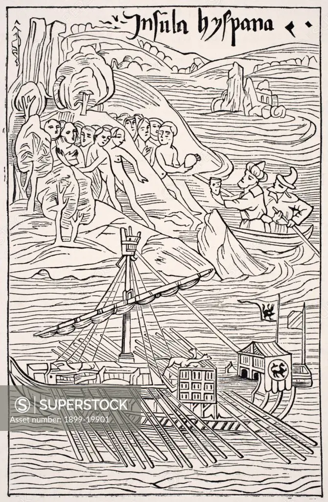 Discovery of Santo Domingo, Insula Hyspana, by Christopher Columbus. After a sketch which is attributed to him, and in which he is himself made to appear. Facsimile of a wood engraving of the Epistola Christoferi Colom. From Science and Literature in The Middle Ages by Paul Lacroix published London 1878