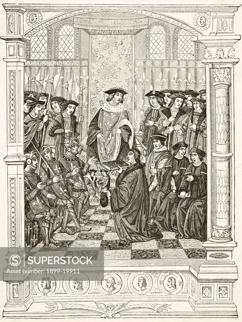 Jean Le Feron, learned French heraldic scholar, 1504 - 1570, presents one of his works to King Henry II. After a miniature from the Blason d'Armoiries, by Jehan Le Feron. From Science and Literature in The Middle Ages by Paul Lacroix published London 1878