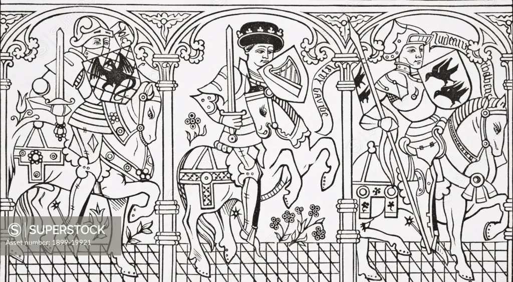Joshua, King David and Judas Maccabaeus. After a series of ancient engravings representing the Nine Heroes of Sacred, Ancient and Modern History, who figure in the romance Le Triomphe des Neuf Preux. From Science and Literature in The Middle Ages by Paul Lacroix published London 1878