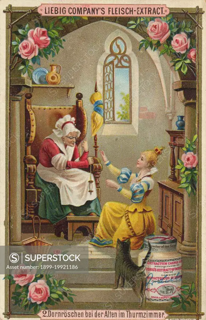 Serie Märchen Dornröschen, bei der Alten im Turmzimmer / Series fairy tale  Sleeping Beauty, with the old woman in the tower room, Liebigbild, digital  improved reproduction of a collectible image from the