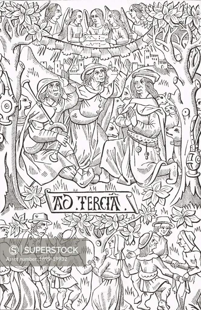 The Shepherds celebrating the birth of the Messiah with hymns and dancing. Facsimile of a late fifteenth century wood engraving from a Livre d'Heures. From Science and Literature in The Middle Ages by Paul Lacroix published London 1878