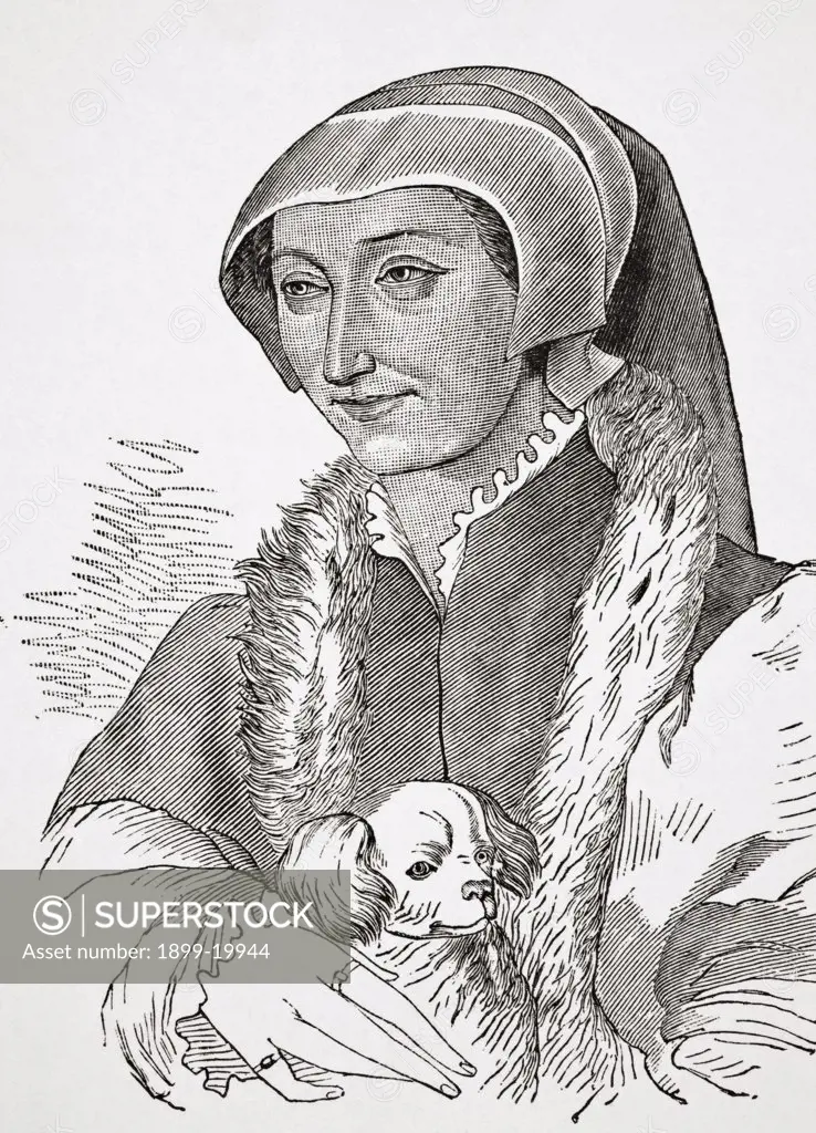Marguerite de Navarre, 1492 - 1549 also known as Marguerite of Angouleme and Margaret of Navarre, queen consort of King Henry II of Navarre. From Science and Literature in The Middle Ages by Paul Lacroix published London 1878