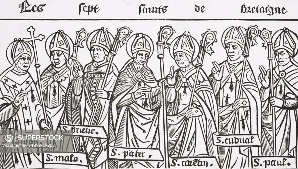 The Seven Saints of Brittany, from left to right, Saint Samson of Dol, Saint Malo, Saint Brieuc, Saint Patern, Saint Corentin, Saint Tudwal and Saint Pol Aurelian or Paul Aurelian. From Science and Literature in The Middle Ages by Paul Lacroix published London 1878. 
