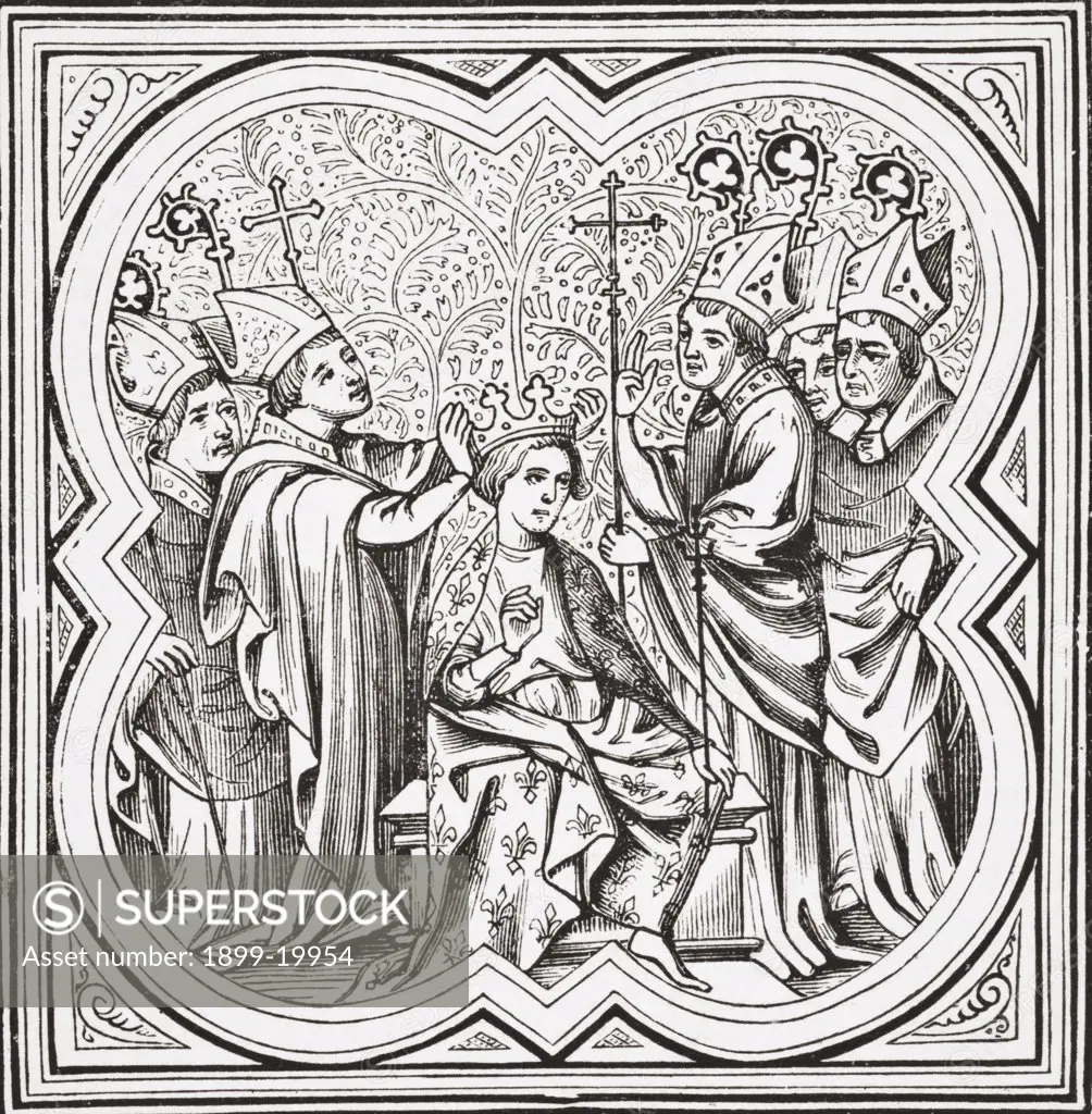 Coronation of Charlemagne, Carolus Magnus or Karolus Magnus, Charles the Great, 742 - 814, King of the Franks. After a miniature from the 14th century manuscript ""Chroniques de St. Denis"". From Science and Literature in The Middle Ages by Paul Lacroix published London 1878