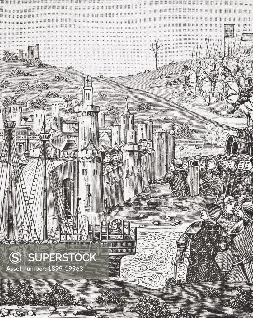 King Charles VII, upon quitting Rouen, sets out to besiege the town of Harfleur. After a miniature from the 15th century manuscript Chroniques de Monstrelet. From Science and Literature in The Middle Ages by Paul Lacroix published London 1878