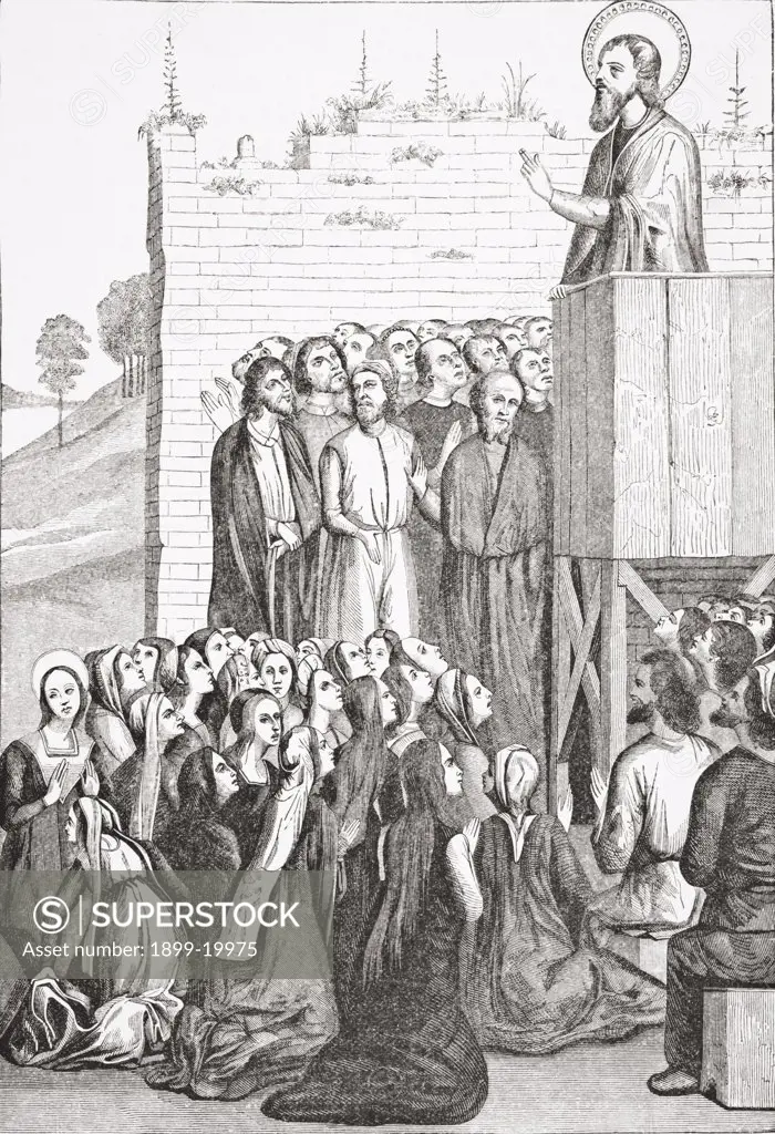 Preaching of an Apostle of Christianity. After a picture painted on wood attributed to Fra Angelico. From Science and Literature in The Middle Ages by Paul Lacroix published London 1878