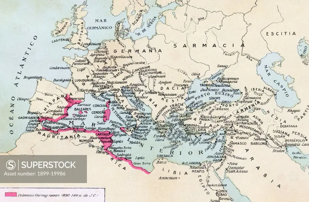 Carthaginian colonies and area of influence in the Mediterranean 850 to 146 B. C. From Historia de las Naciones published circa 1921.