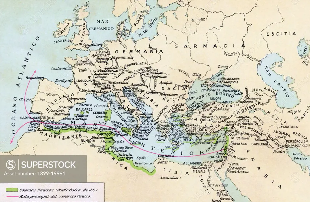 Phoenician colonies and area of influence in the Mediterranean 200 to 850 B.C. Green shows colonized areas. Red shows principal routes of Phoenician commerce. From Historia de las Naciones published circa 1921.