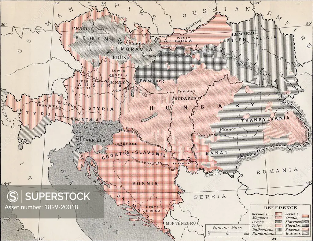 Map of Austria-Hungary in 1878. From the book Europe in the Nineteenth Century an Outline History, published 1916