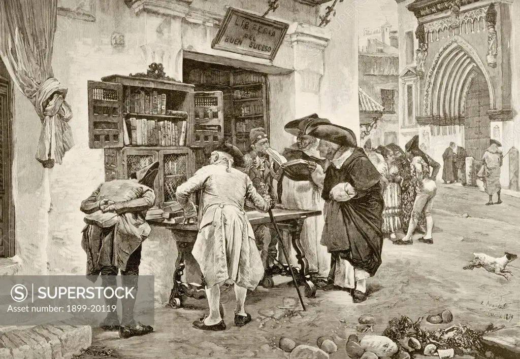 The Bibliophiles. A bookshop in Seville at the beginning of the 19th century. After a painting by Jimenez Aranda. From La Ilustracion Espanola y Americana of 1881
