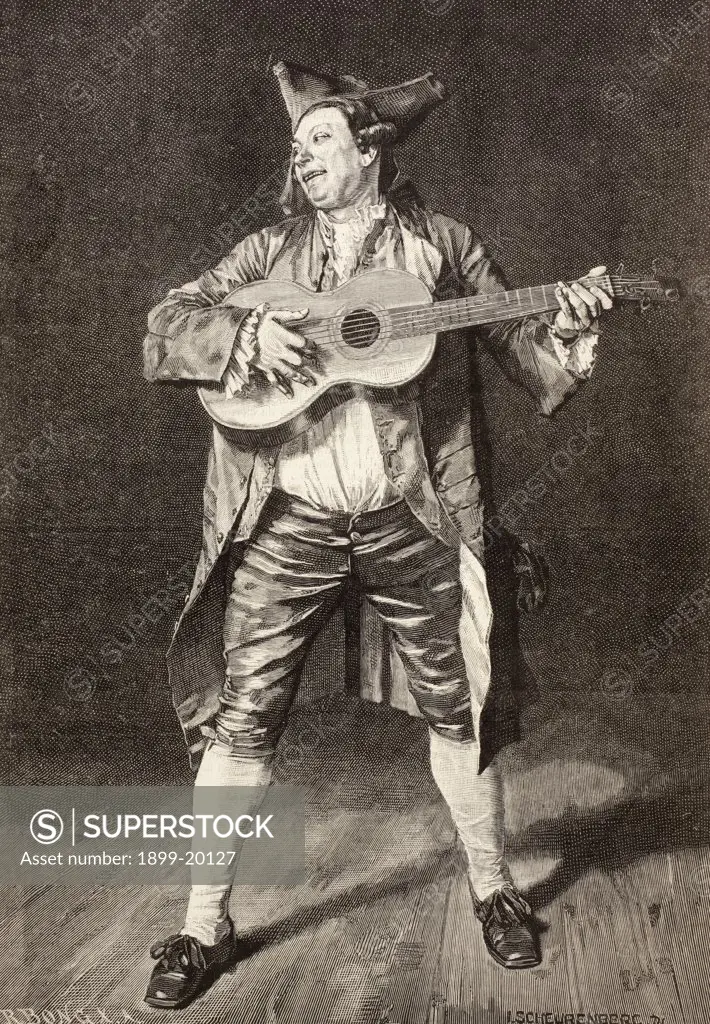 An 18th century musician. After a drawing by L. Scheurenberg. From La Ilustracion Espanola y Americana of 1881