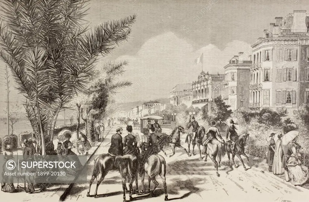 Promenade des Anglais or Promenade of the English at Nice, France in the 1880's. From La Ilustracion Espanola y Americana of 1881