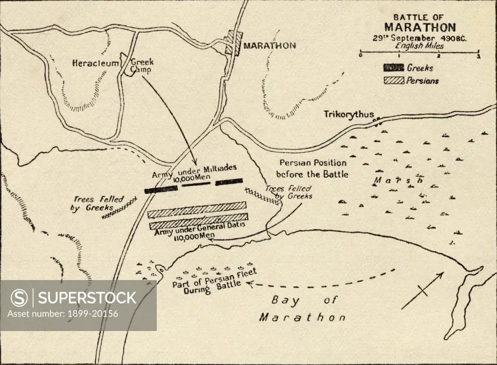 Map of the Battle of Marathon which took place in 490 B.C. and was part of the Greco-Persian Wars. From the book Atlas of Ancient and Classical Geography published 1928.