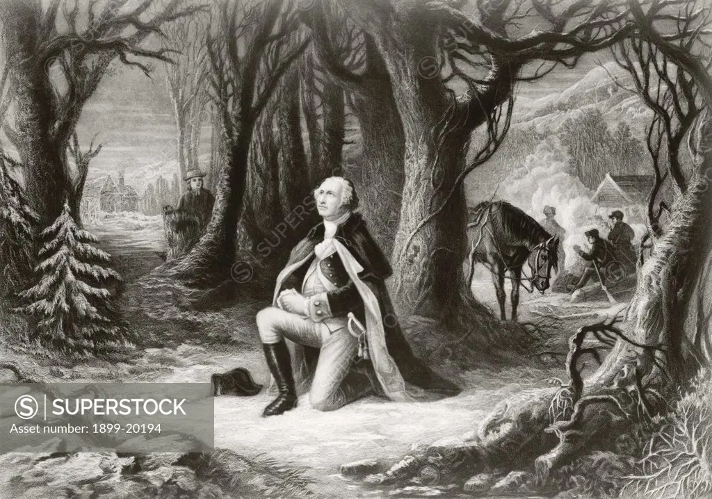 George Washington prays at the American Revolutionary War encampment of Valley Forge during the winter of 1777-1778. After a painting by Henry Brueckner.