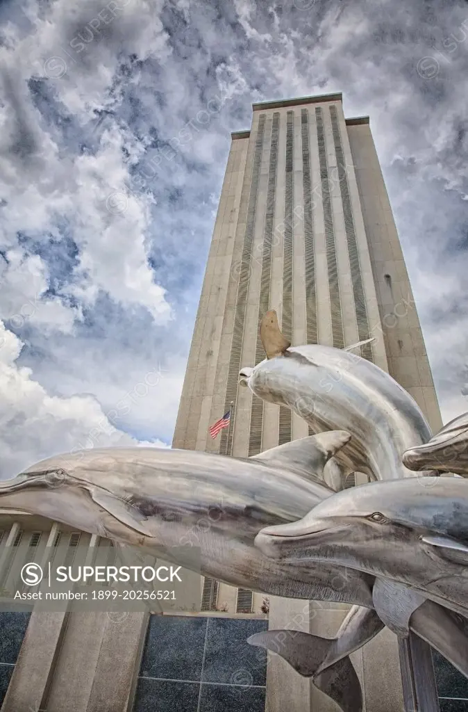 325 foot, 25 story Florida State Capitol building in Tallahassee, Florida, USA. Dolphin statue "Stormstrong" is located in foreground.