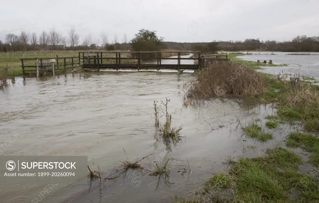 Flooding on the River Deben at Naunton Hall weir, Rendlesham, Suffolk, England in late December 2012.