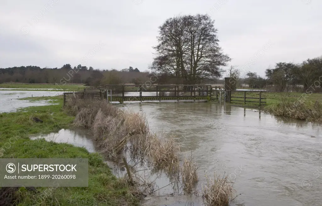 Flooding on the River Deben at Naunton Hall weir, Rendlesham, Suffolk, England in late December 2012.