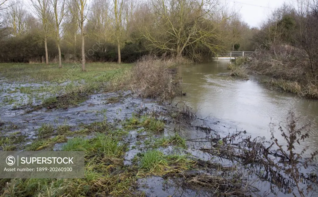 River Deben bursting its banks and flowing overland over levee onto flood plain, near Whitebridge weir, Campse Ashe, Suffolk, England late December 2012.