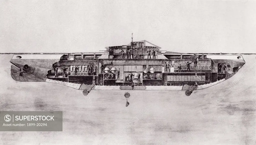 Illustration of a Lake Submarine, used during World War One to lay mines on the sea bed. From The Illustrated War News published 1915.