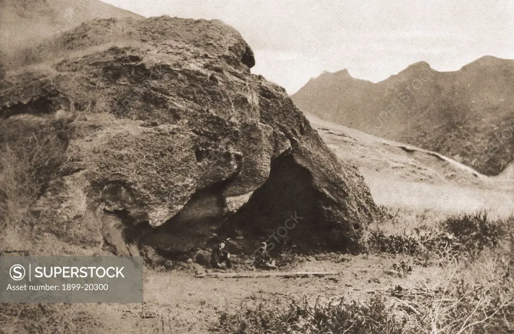 The cave on Juan Fernandez Island in which Alexander Selkirk lived. Now known as Robinson Crusoe cave. From The Illustrated War News published 1915