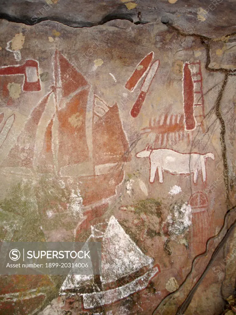 Aboriginal rock art depicting European ships circa 1890. Bathurst Head, Queensland, Australia.