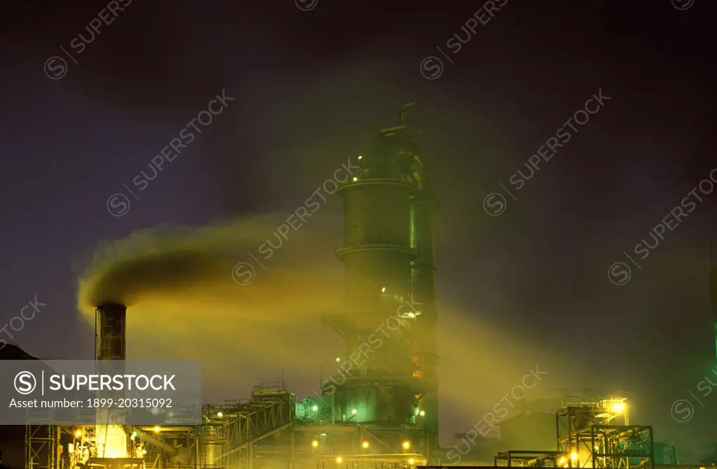 Industrial air pollution Greenhouse’ gases such as CO2, NO & CH4 are produced by industry such as this refinery, car exhaust and other fossil fuel burning, and clearing and  burning of vegetation and may have serious effcts on the global climate and chemical reactions in the atmosphere, Australia