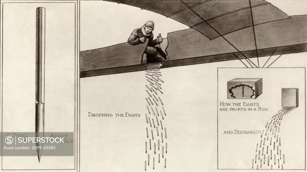Diagram showing steel darts being dropped from an aeroplane as an alternative to bombs during First World War. They were used against troops surprised on open ground. From The Illustrated War News, 1915.
