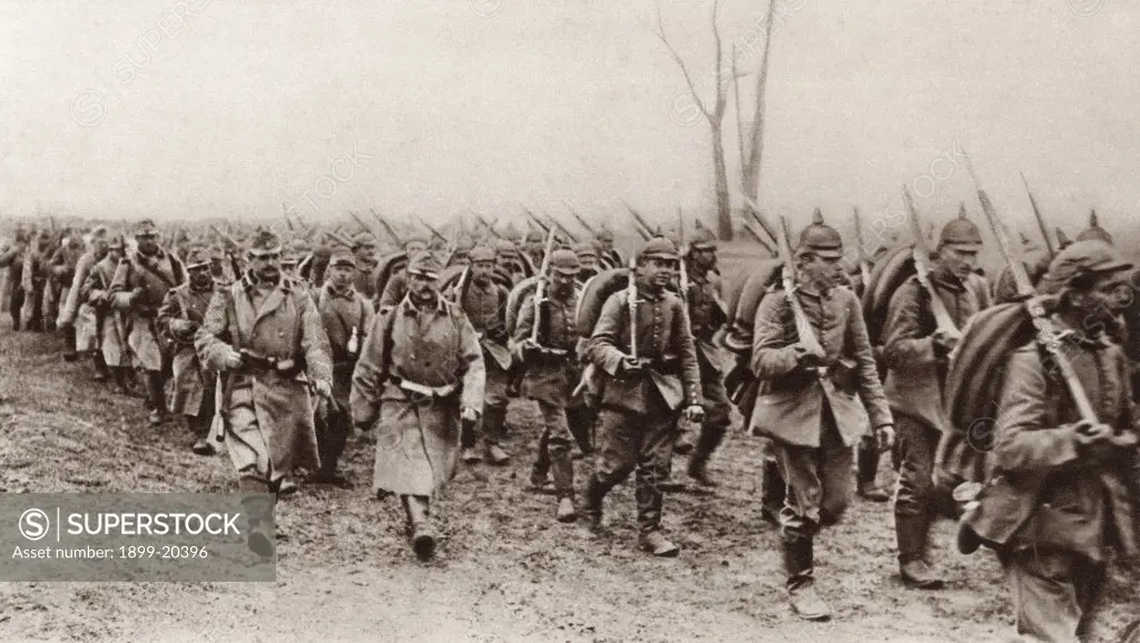 German and Austrian soldiers marching shoulder to shoulder against the Russians during World War I. From The Illustrated War News 1915.