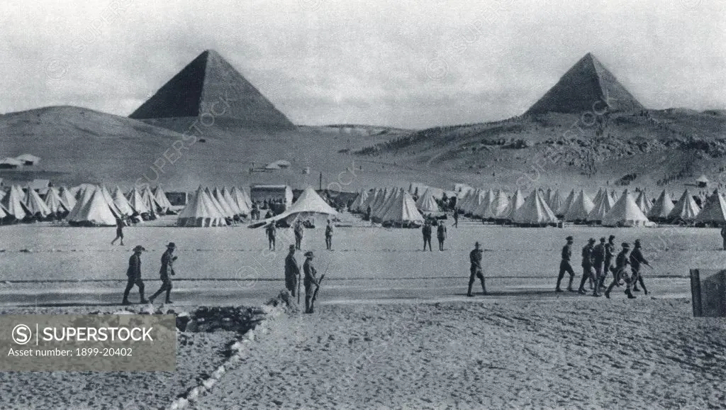 Australian troops camped in front of the pyramids in Egypt during World War I. From The Illustrated War News 1915.