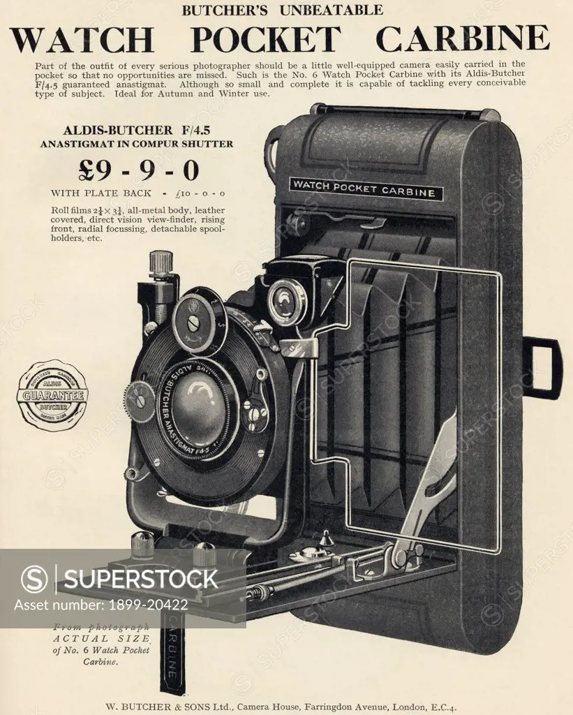 Advertisement for the Watch Pocket Carbine Camera. From the book Photograms of the Year published 1924.