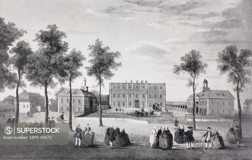 Buckingham House as it was circa 1750. After a contemporary oil painting. The house was the core of today's palace. From the book Buckingham Palace, It's Furniture, Decoration and History by H. Clifford Smith, published 1931.