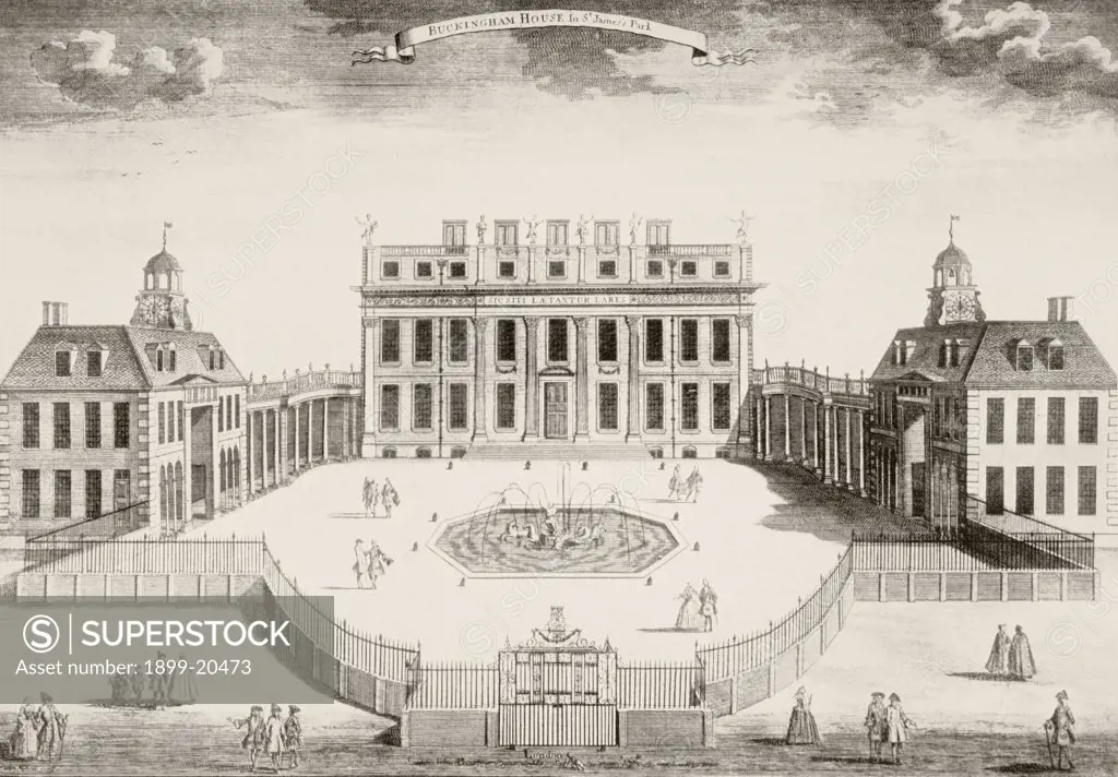 Buckingham House, after an engraving made in 1714. The house was the core of today's palace. From the book Buckingham Palace, It's Furniture, Decoration and History by H. Clifford Smith, published 1931.