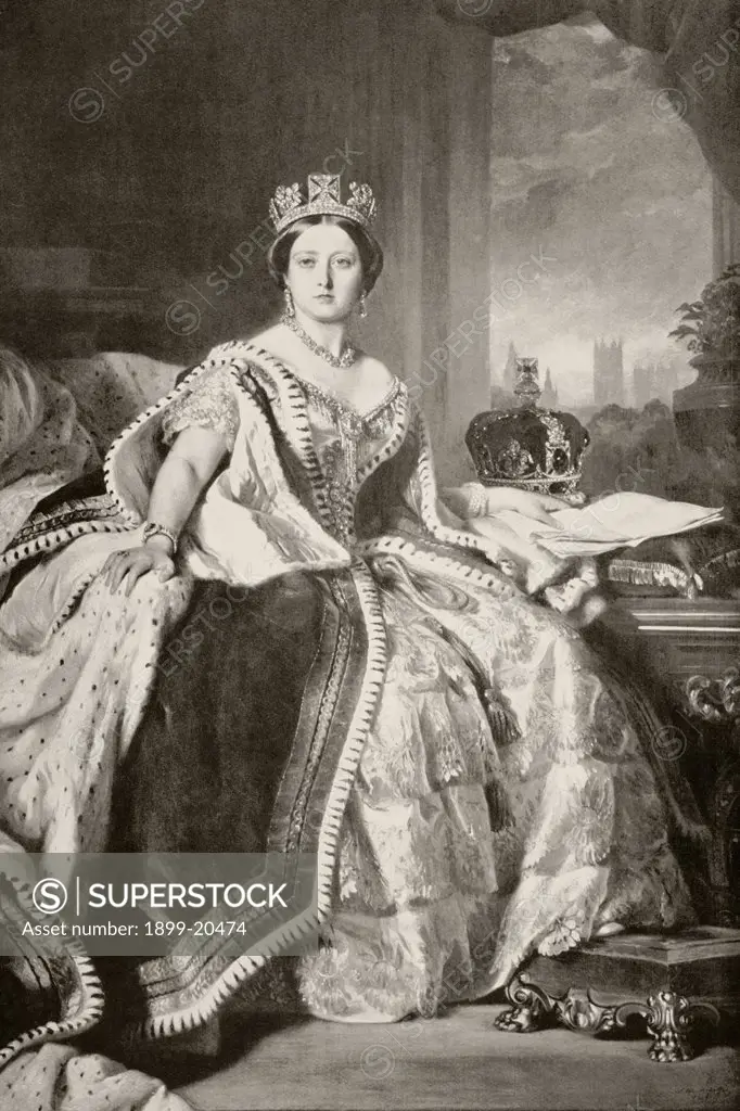 Queen Victoria 1819 to 1901. After a painting by F. Winterhalter, done in 1859. From the book Buckingham Palace, It's Furniture, Decoration and History by H. Clifford Smith, published 1931.